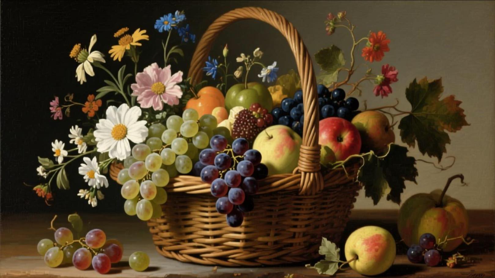 A basket with flowers and fruits