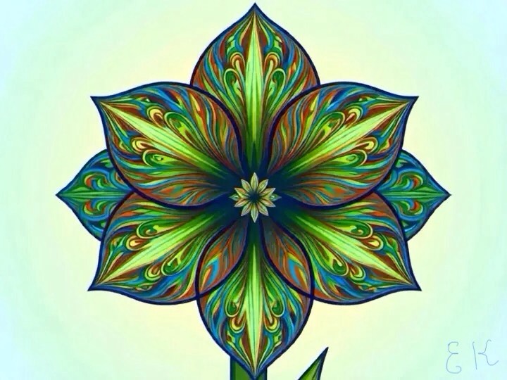 Abstract botanical art, flower with green-blue petals