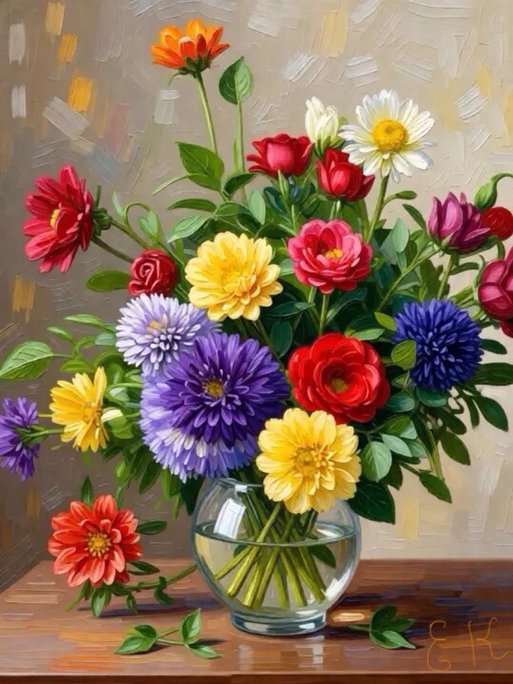 Digital artwork of colorful flowers in a simple vase